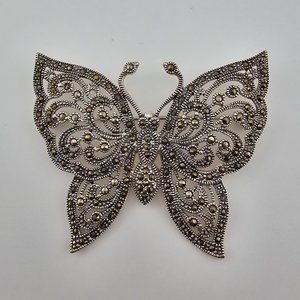 Large Sterling Silver Marcasite Butterfly Pin Brooch